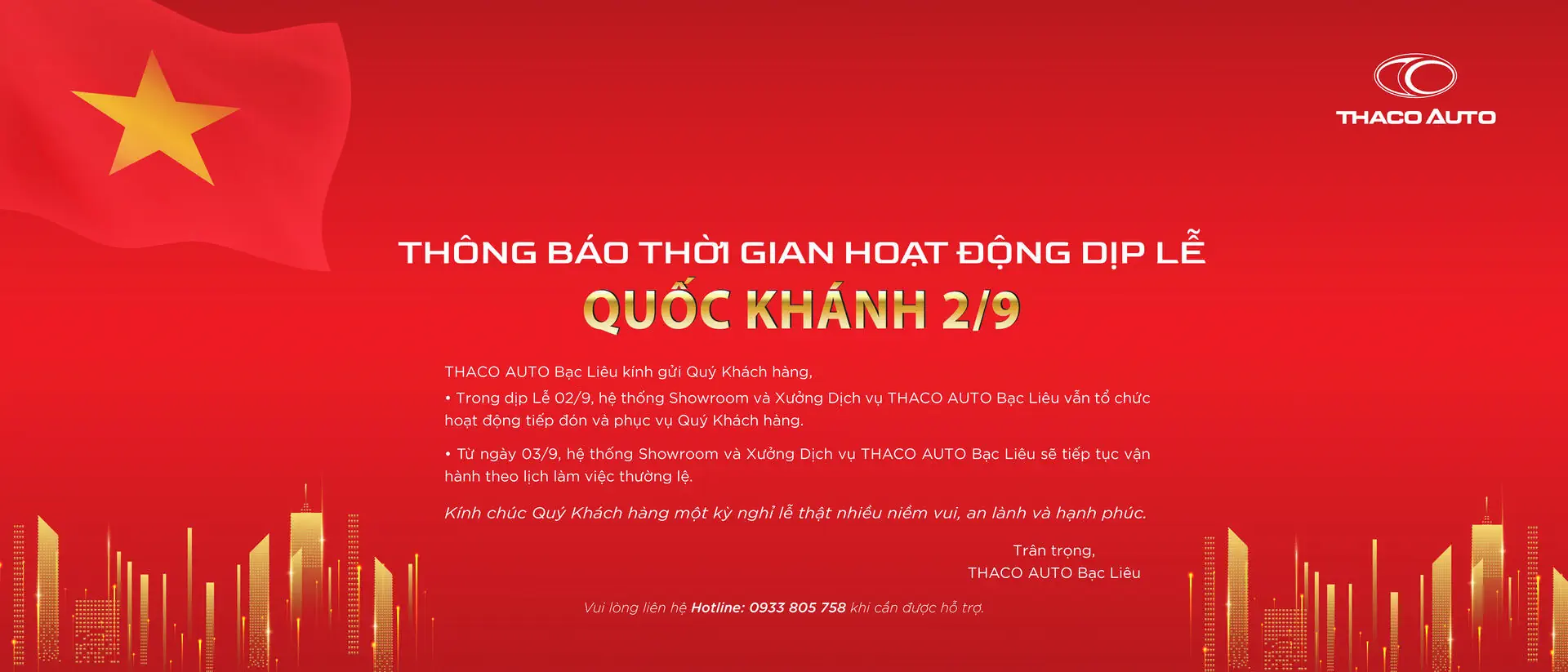 THÔNG BÁO THỜI GIAN HOẠT ĐỘNG DỊP LỄ QUỐC KHÁNH 02/9